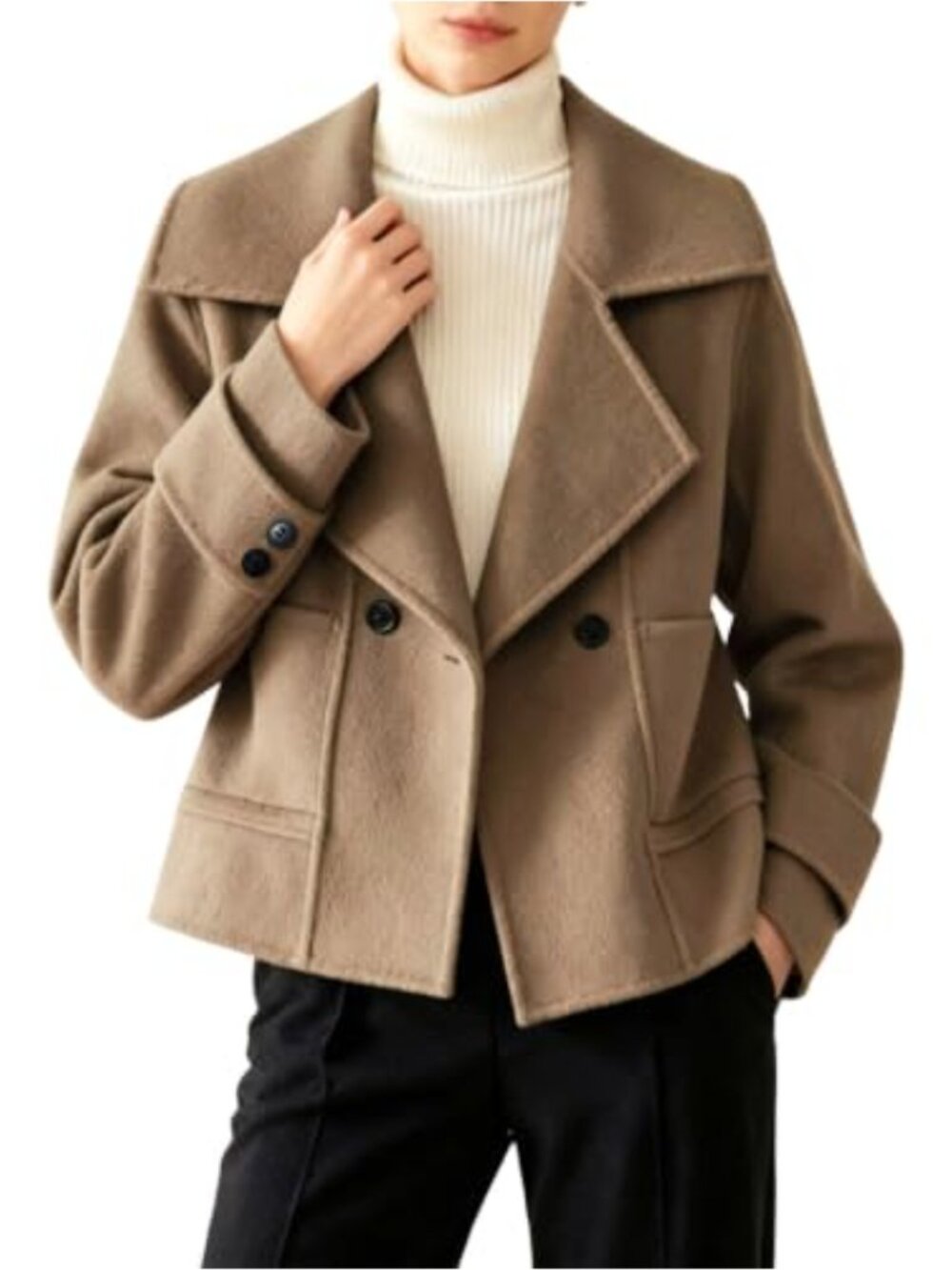 Womens Cropped Wool Pea Coat Notched Lapel Double-Breasted Button Pockets